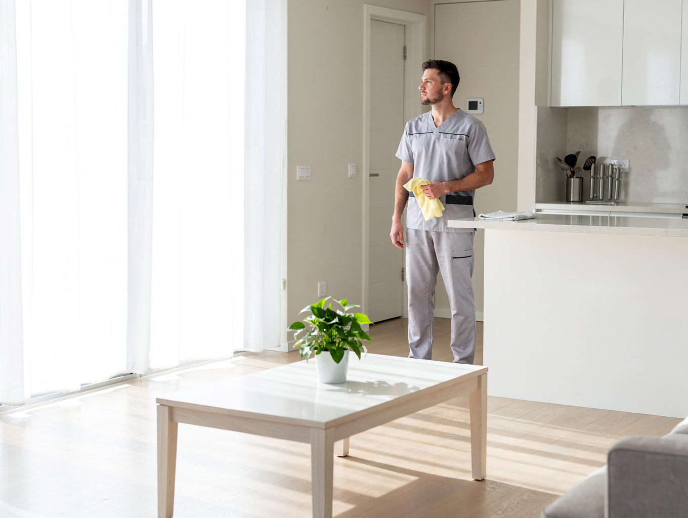 Detailed post-tenancy turnover sanitization of a sunlit brownstone apartment floor.
